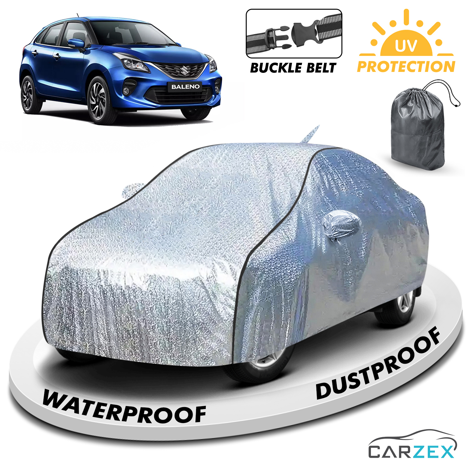 Carzex Waterproof & Heat Resistant Metallic Silver With Black Border Car Body Cover with Mirror & Antenna Pockets For Maruti Suzuki Baleno Old